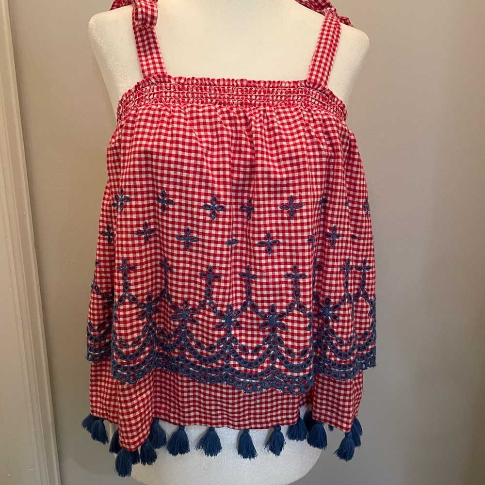 NWT Crown & Ivy Red Gingham Crop Top w/ Embroidery & Tassels Wm Sz S